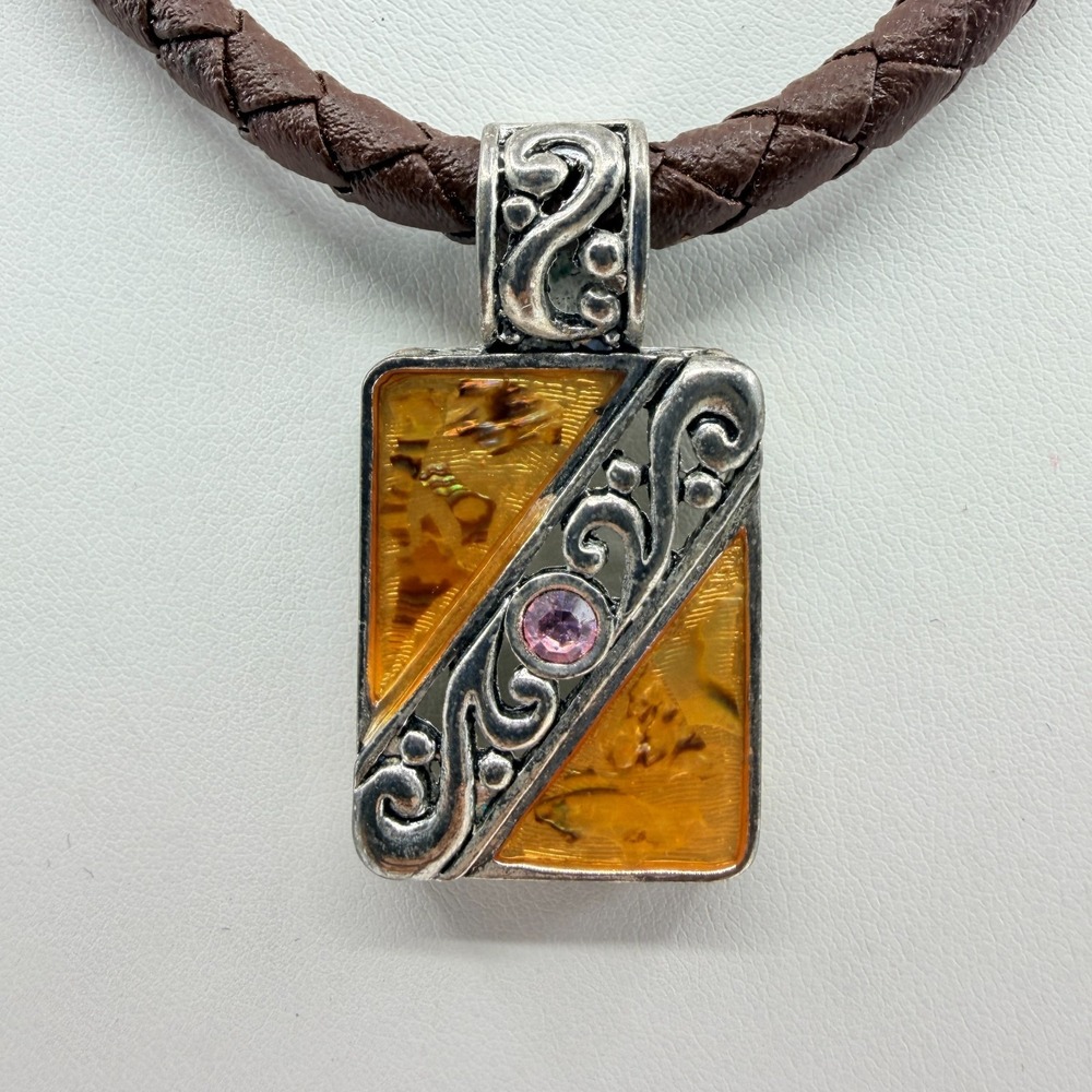 VTG Amber & Silver Resin Statement Necklace with Braided Leather Pendant
